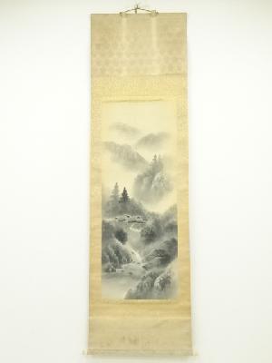 海読緑嶺筆　水墨山水　肉筆絹本掛軸（共箱）